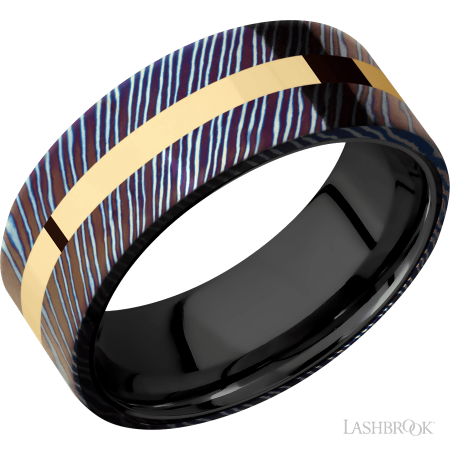 8 mm wide Flat Titanium Damascus band
