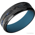7 mm wide Beveled Zirconium band featuring inlays of Forged Carbon Fiber and Blue Tiger Eye also featuring a Royal Blue sleeve