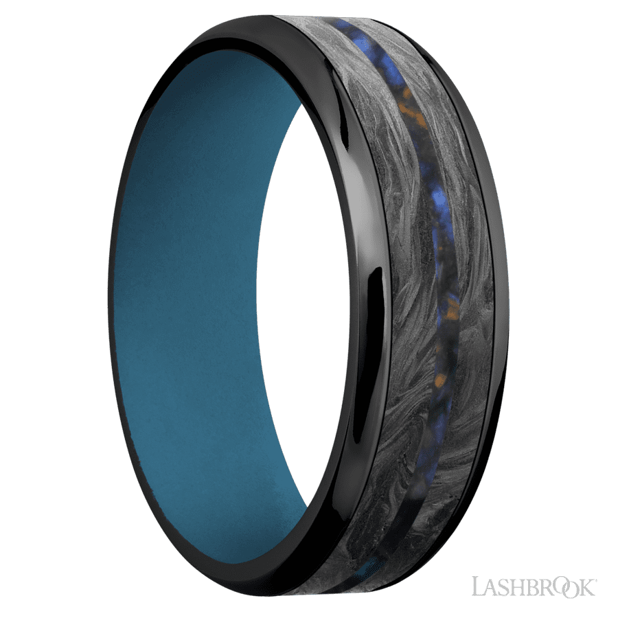 7 mm wide Beveled Zirconium band featuring inlays of Forged Carbon Fiber and Blue Tiger Eye also featuring a Royal Blue sleeve