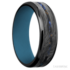 7 mm wide Beveled Zirconium band featuring inlays of Forged Carbon Fiber and Blue Tiger Eye also featuring a Royal Blue sleeve