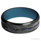 7 mm wide Beveled Zirconium band featuring inlays of Forged Carbon Fiber and Blue Tiger Eye also featuring a Royal Blue sleeve