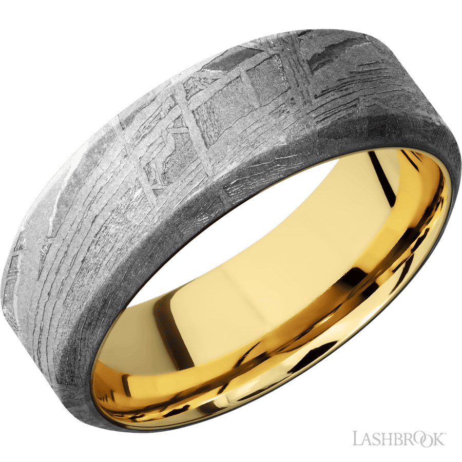 8 mm wide High Bevel Meteorite band featuring a 14K Yellow Gold sleeve