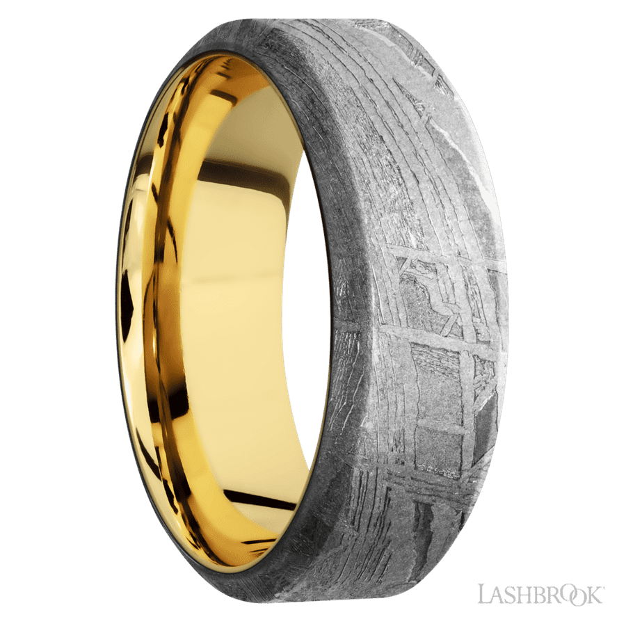 8 mm wide High Bevel Meteorite band featuring a 14K Yellow Gold sleeve