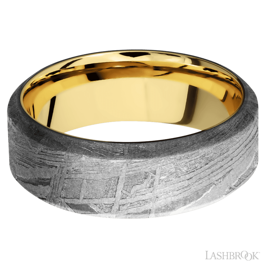 8 mm wide High Bevel Meteorite band featuring a 14K Yellow Gold sleeve