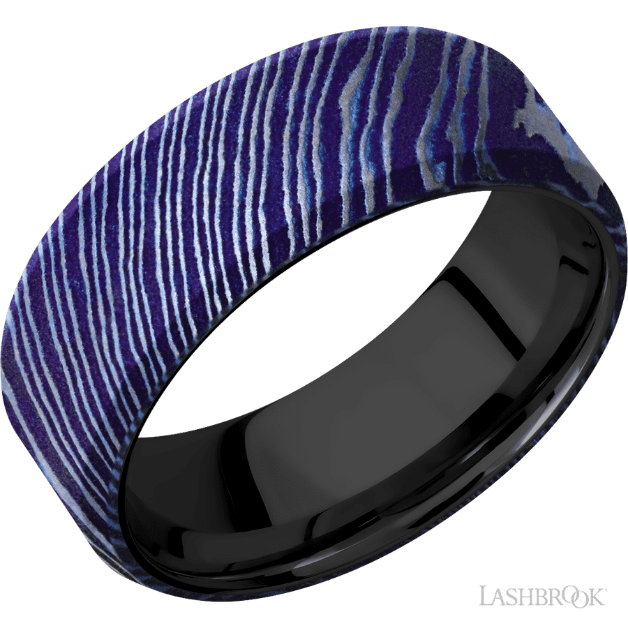 8 mm wide Beveled Titanium Damascus band featuring a Zirconium sleeve