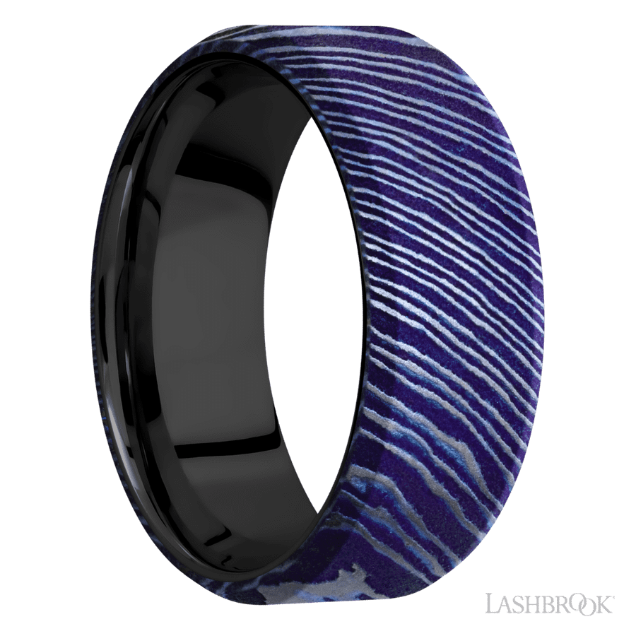 8 mm wide Beveled Titanium Damascus band featuring a Zirconium sleeve