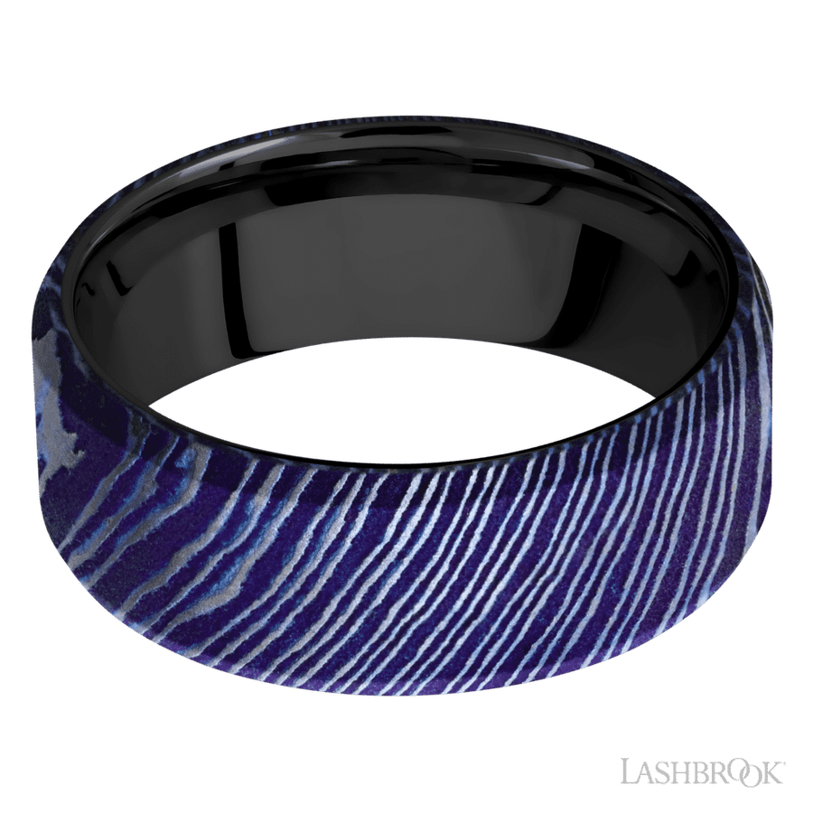 8 mm wide Beveled Titanium Damascus band featuring a Zirconium sleeve