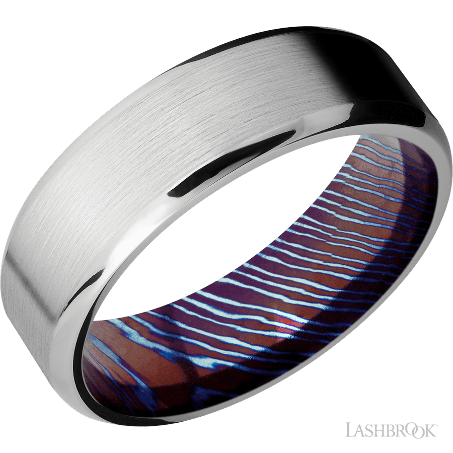 7 mm wide Beveled Cobalt Chrome band featuring a Titanium Damascus sleeve