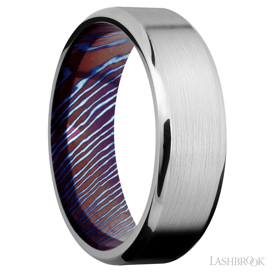 7 mm wide Beveled Cobalt Chrome band featuring a Titanium Damascus sleeve