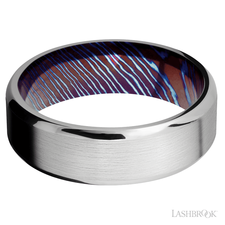 7 mm wide Beveled Cobalt Chrome band featuring a Titanium Damascus sleeve
