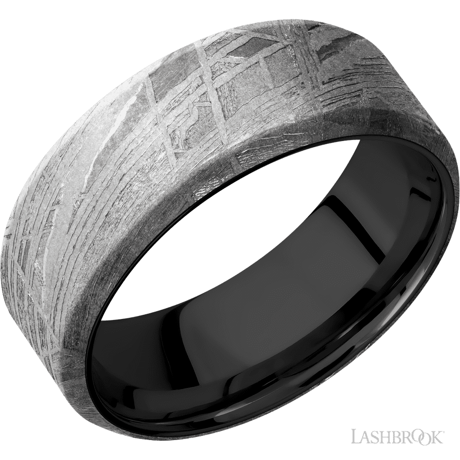 8 mm wide Beveled Meteorite band featuring a Zirconium sleeve