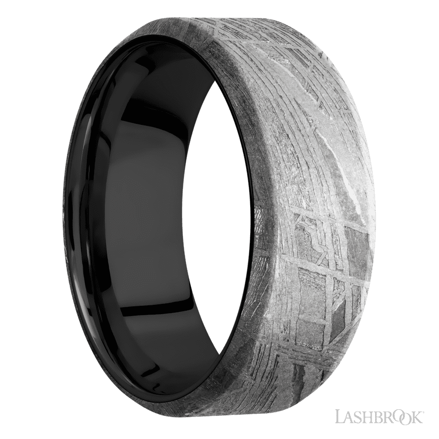 8 mm wide Beveled Meteorite band featuring a Zirconium sleeve