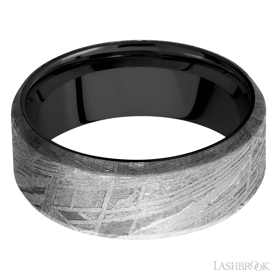 8 mm wide Beveled Meteorite band featuring a Zirconium sleeve