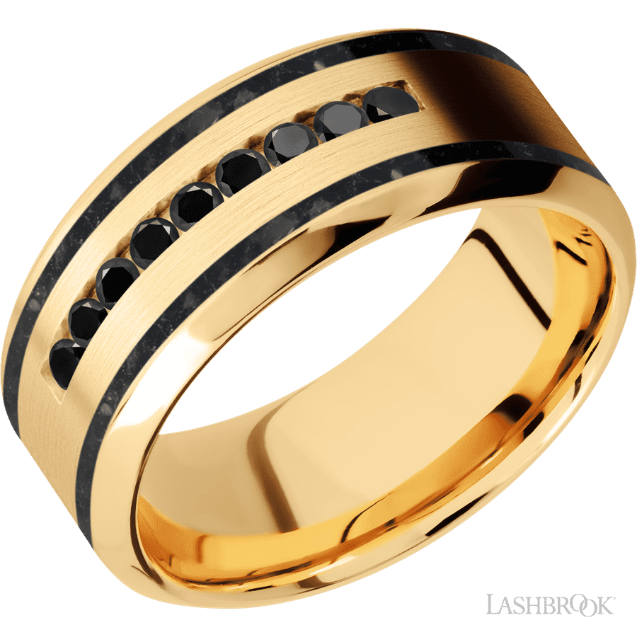 9 mm wide High Bevel 14K Yellow Gold band w/ Black Diamond Accent
