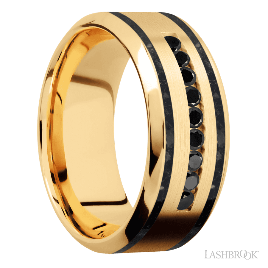 9 mm wide High Bevel 14K Yellow Gold band w/ Black Diamond Accent