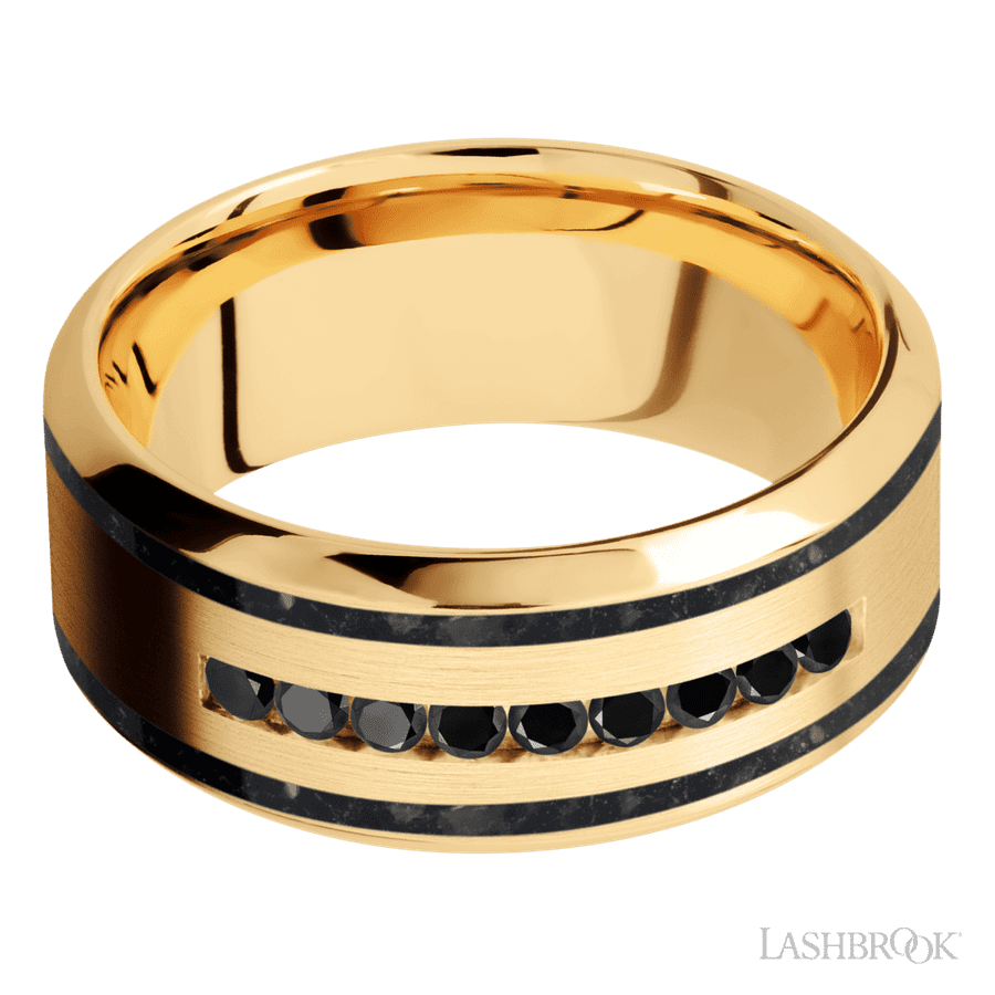 9 mm wide High Bevel 14K Yellow Gold band w/ Black Diamond Accent