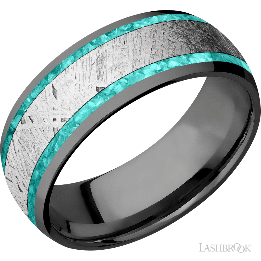 8 mm wide Domed Zirconium band featuring inlays of Teal Opal and Meteorite
