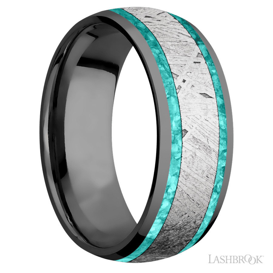 8 mm wide Domed Zirconium band featuring inlays of Teal Opal and Meteorite