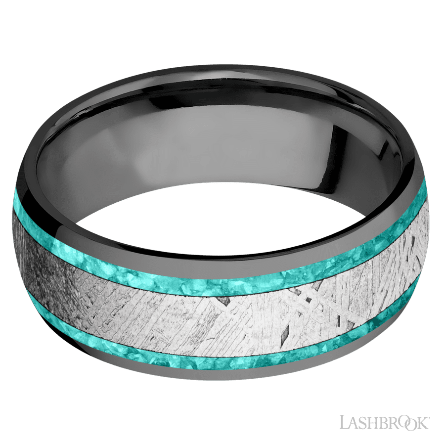 8 mm wide Domed Zirconium band featuring inlays of Teal Opal and Meteorite