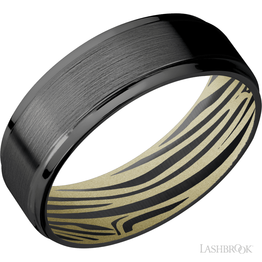 7 mm wide Flat Grooved Edges Zirconium band featuring a Bright Nickel sleeve