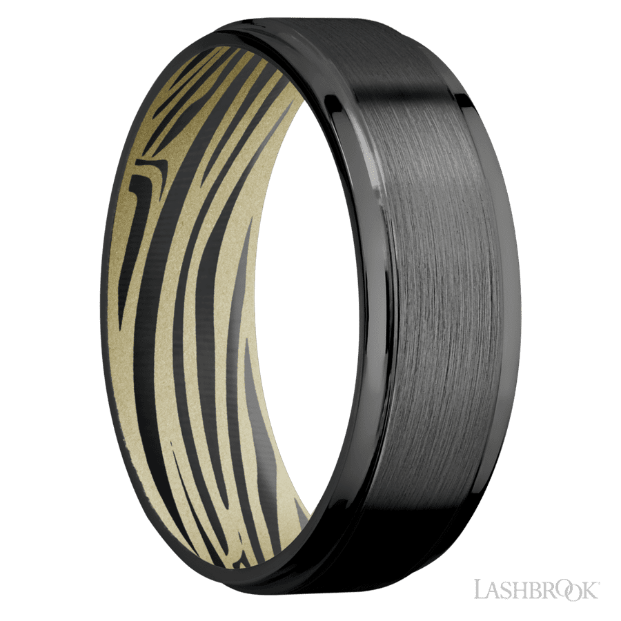 7 mm wide Flat Grooved Edges Zirconium band featuring a Bright Nickel sleeve