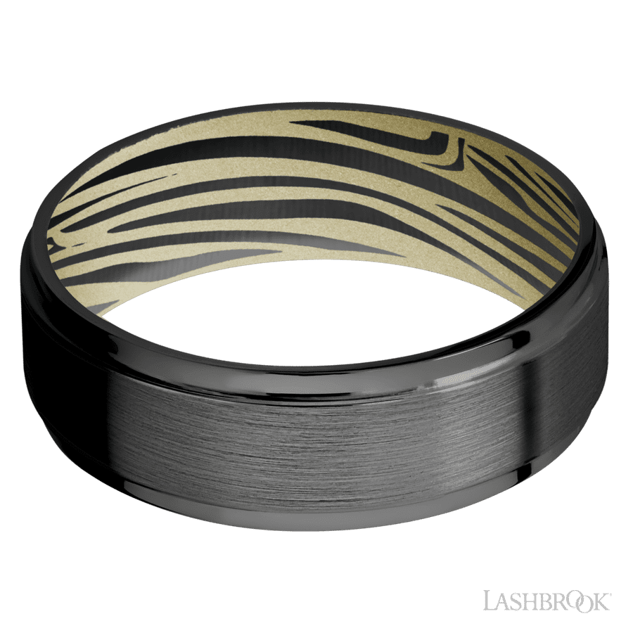 7 mm wide Flat Grooved Edges Zirconium band featuring a Bright Nickel sleeve