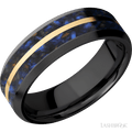 7 mm wide Beveled Zirconium band featuring inlays of Blue Tiger Eye and 14K Yellow Gold