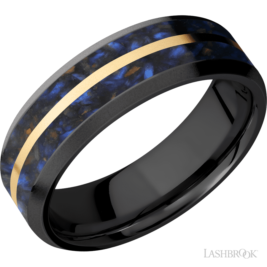 7 mm wide Beveled Zirconium band featuring inlays of Blue Tiger Eye and 14K Yellow Gold