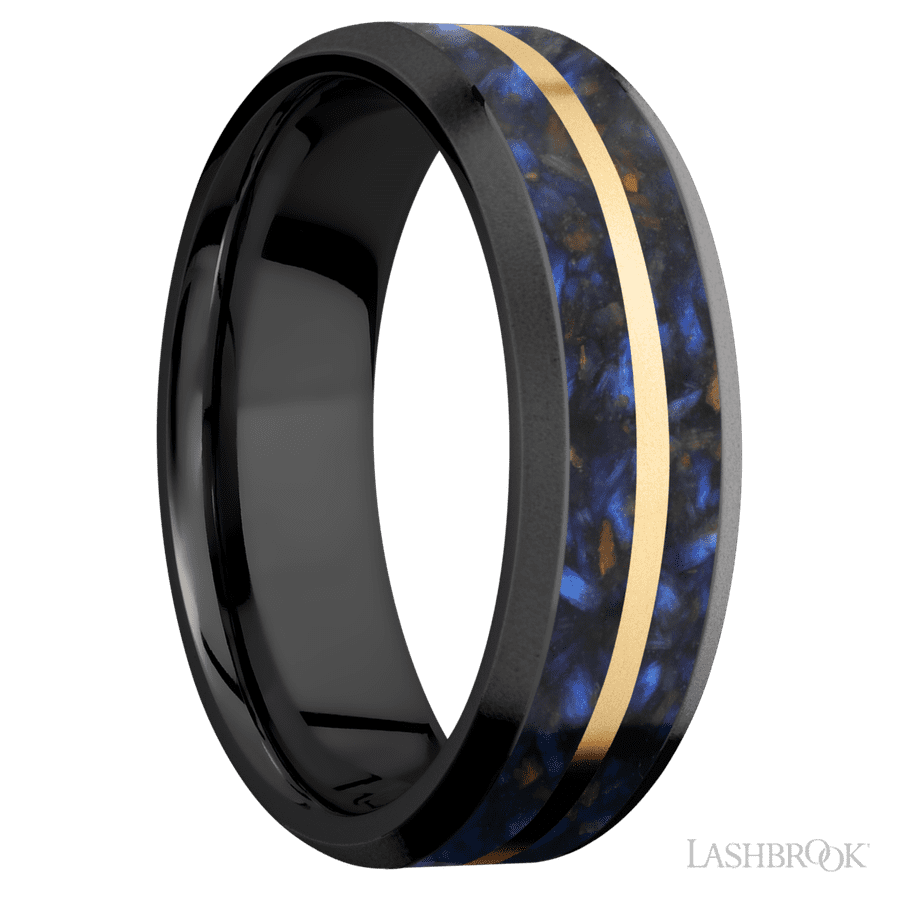 7 mm wide Beveled Zirconium band featuring inlays of Blue Tiger Eye and 14K Yellow Gold