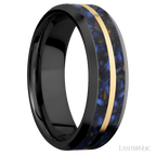 7 mm wide Beveled Zirconium band featuring inlays of Blue Tiger Eye and 14K Yellow Gold