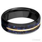 7 mm wide Beveled Zirconium band featuring inlays of Blue Tiger Eye and 14K Yellow Gold