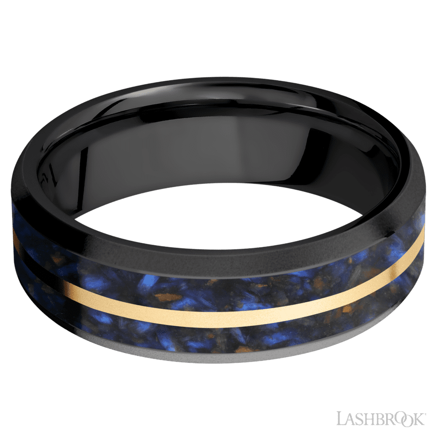 7 mm wide Beveled Zirconium band featuring inlays of Blue Tiger Eye and 14K Yellow Gold